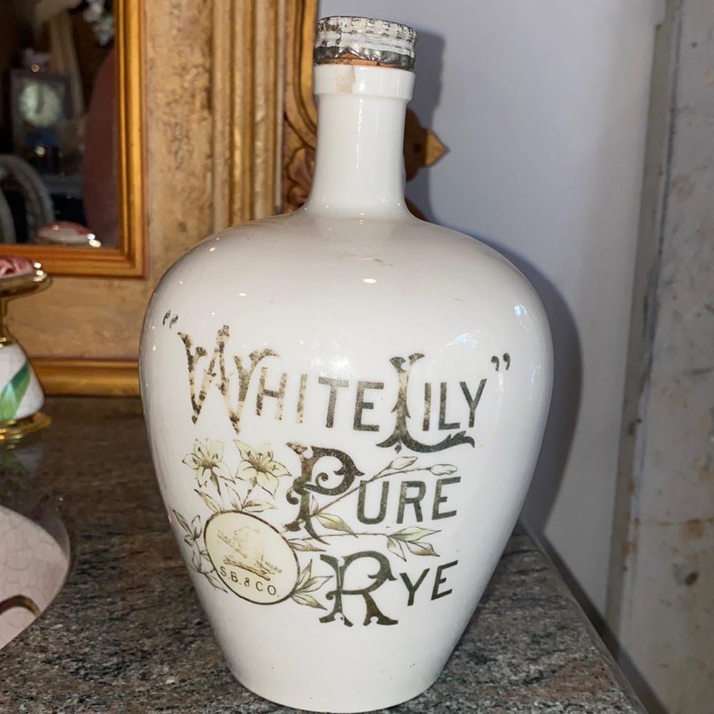 Alcohol Bottle Jug White Lily Pure Rye Whiskey 1800’s Antique S.B.&CO. Bar decor